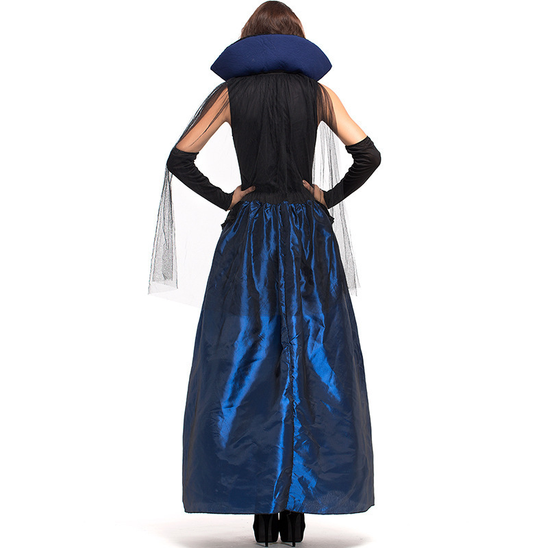 Adult Women Halloween Court Wizardress Evil Queen Of Vampire Medieval High Stand Collar Blue Gothic Gown Robe Dress For Ladies