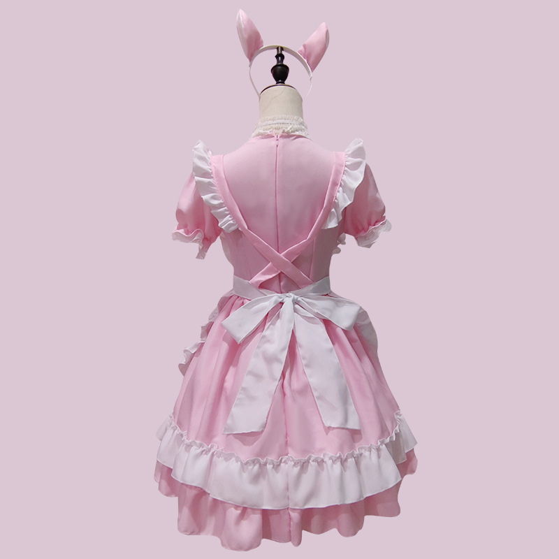 Japanese Kawaii Coffee Waitress Women Sweet Lolita Anime Bunny Girl Maid Cosplay Costumes Pink Bow Party Princess Dress