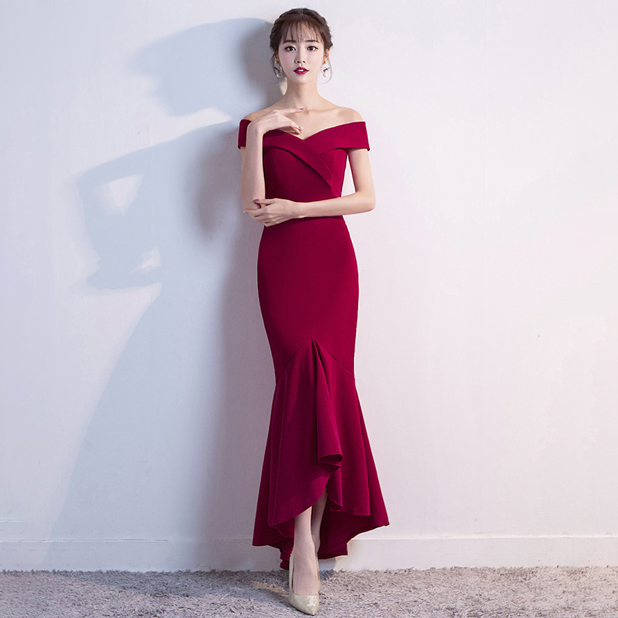 Bride Red Mid-long Marriage Korean Dresses Slim Evening Dresses