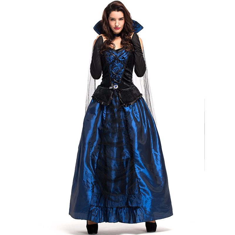 Adult Women Halloween Court Wizardress Evil Queen Of Vampire Medieval High Stand Collar Blue Gothic Gown Robe Dress For Ladies