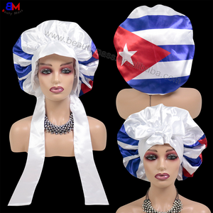 Custom Cuba Flag Logo Adjustable Silky Hair Bonnet with Satin Tie Band Straps Hot Sale Satin Sleeping Cap for Women Hair Care