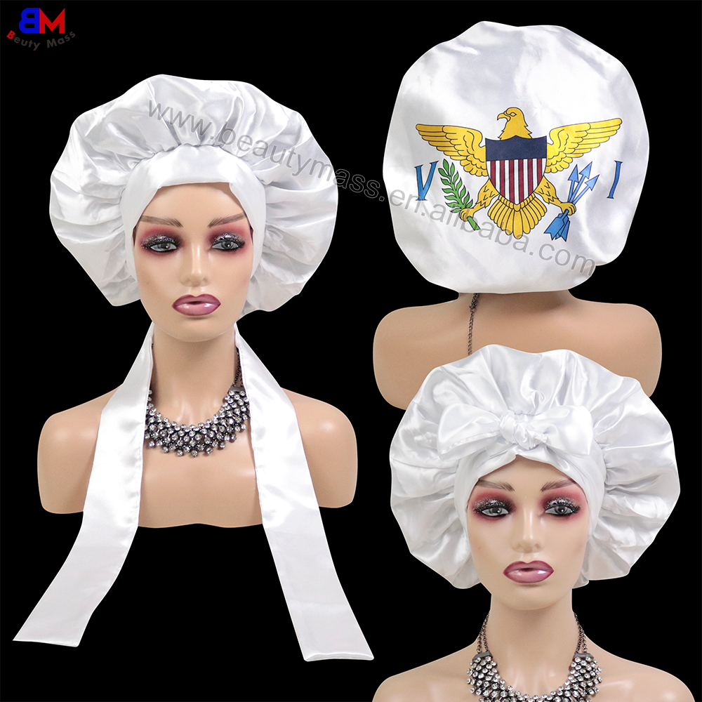 Custom Cuba Flag Logo Adjustable Silky Hair Bonnet with Satin Tie Band Straps Hot Sale Satin Sleeping Cap for Women Hair Care