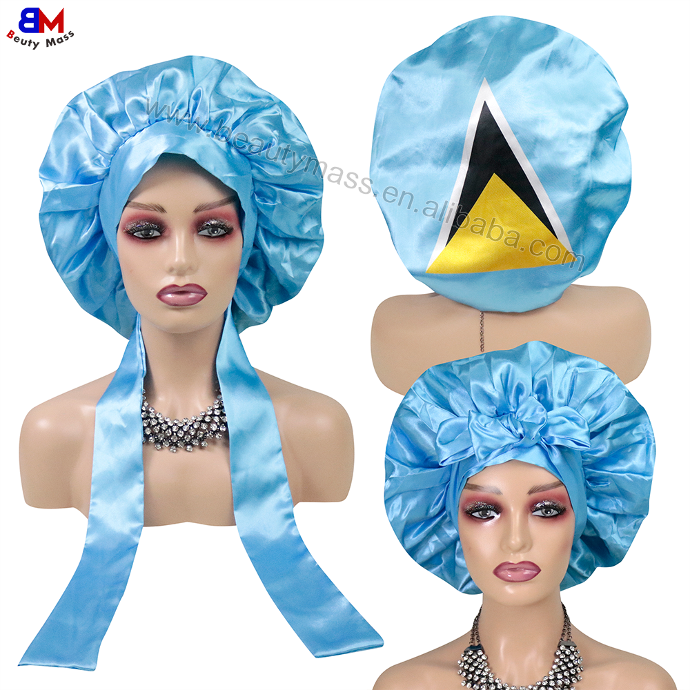 Custom Cuba Flag Logo Adjustable Silky Hair Bonnet with Satin Tie Band Straps Hot Sale Satin Sleeping Cap for Women Hair Care