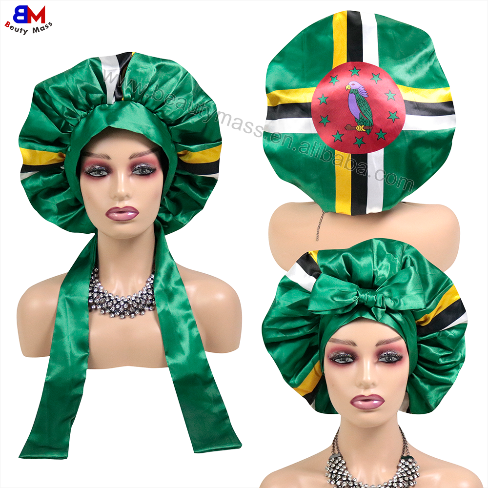 Custom Cuba Flag Logo Adjustable Silky Hair Bonnet with Satin Tie Band Straps Hot Sale Satin Sleeping Cap for Women Hair Care