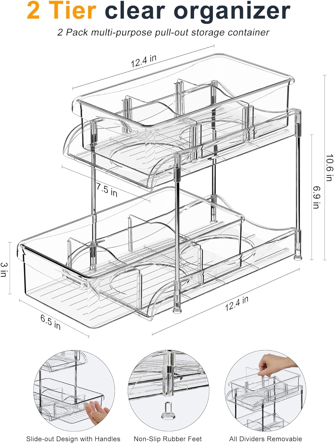 2 Tier Clear Multi-Purpose Stackable Bathroom Storage Drawers Organizer with Dividers for Countertop Under Sink Cabinet Vanity