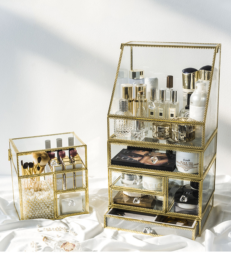 Glass Cosmetic Organizer with Drawers  Dressing Table golden glass box