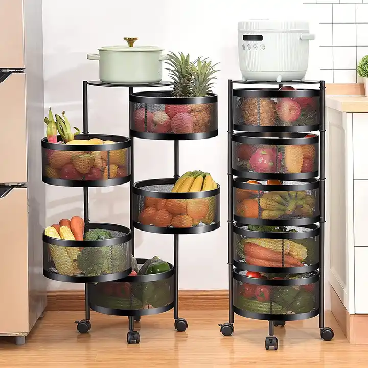 5 Tier Round Rotating Storage Rack Fruit Vegetable Kitchen Storage Rotatable Shelf storage holders racks organizer With Wheel