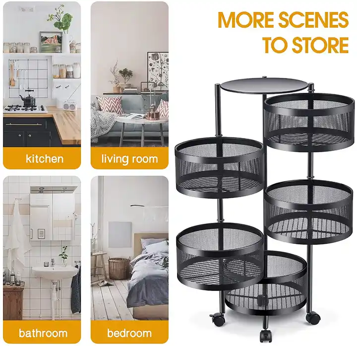 5 Tier Round Rotating Storage Rack Fruit Vegetable Kitchen Storage Rotatable Shelf storage holders racks organizer With Wheel