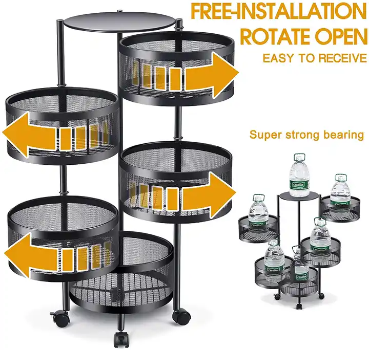 5 Tier Round Rotating Storage Rack Fruit Vegetable Kitchen Storage Rotatable Shelf storage holders racks organizer With Wheel