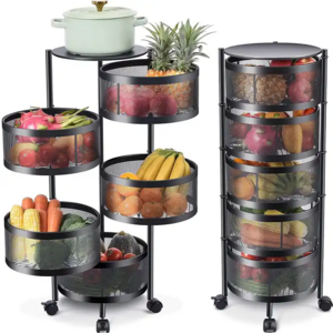 5 Tier Round Rotating Storage Rack Fruit Vegetable Kitchen Storage Rotatable Shelf storage holders racks organizer With Wheel