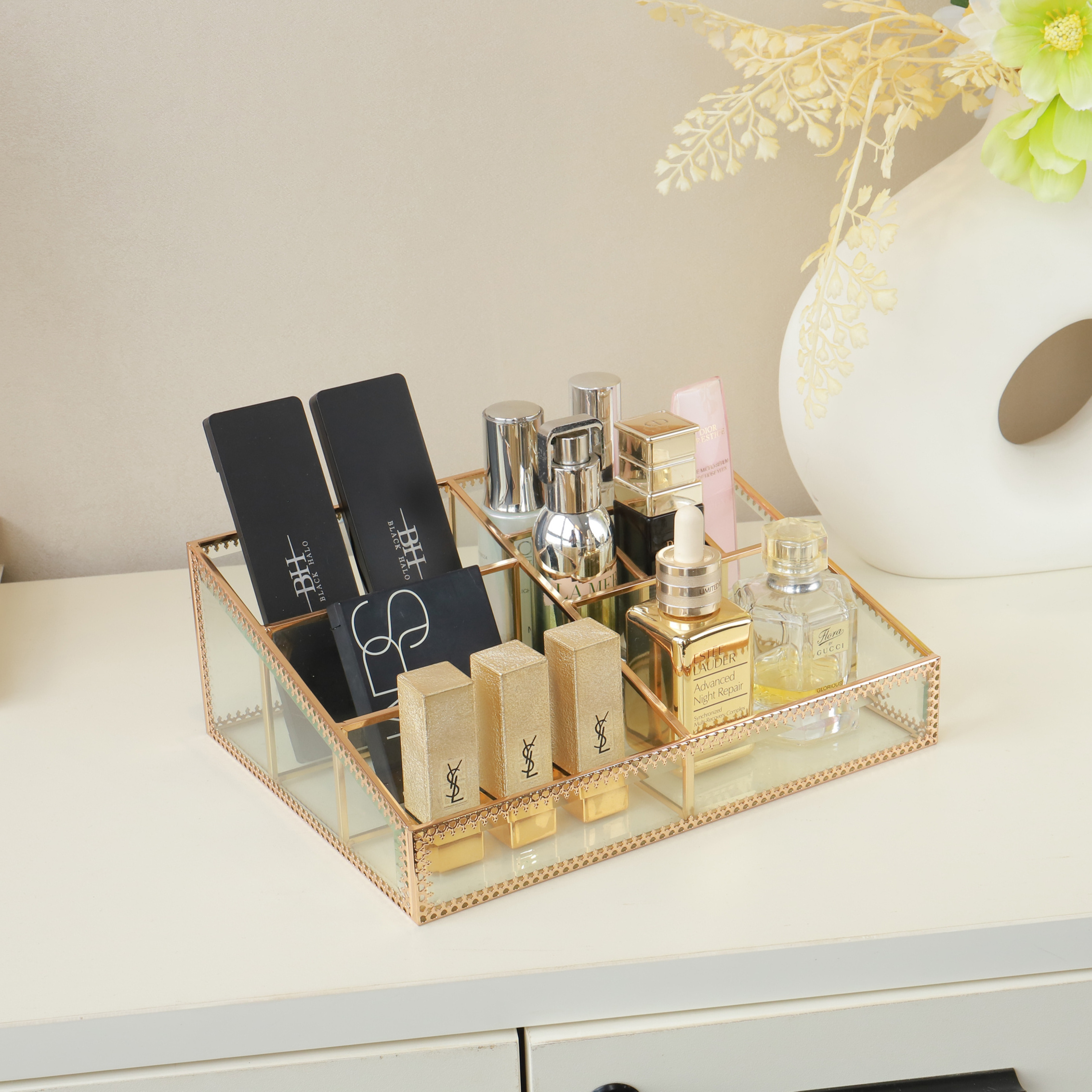 Luxury clear glass rose gold cosmetic organizer make up storage organizer box