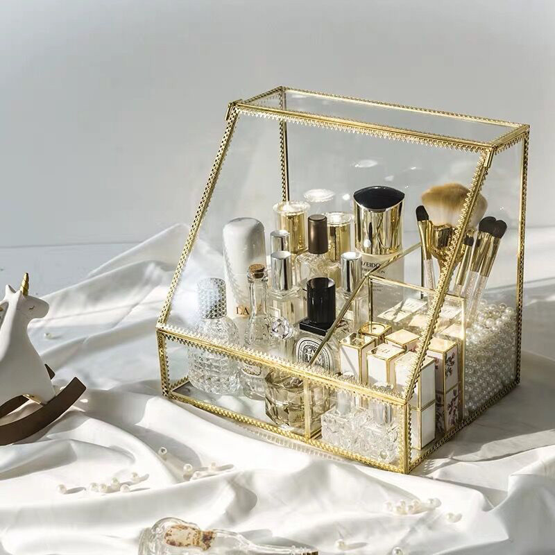 Glass Cosmetic Organizer with Drawers  Dressing Table golden glass box