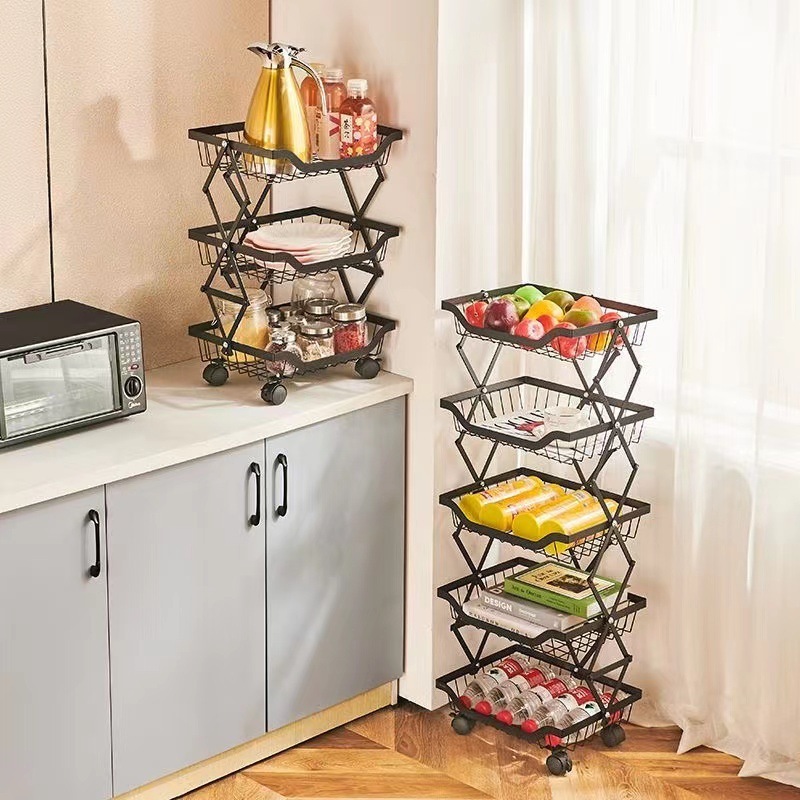 5 Tier Foldable fruit basket rack kitchen Vegetable Basket Storage Cart Pantry Baskets with Wheels