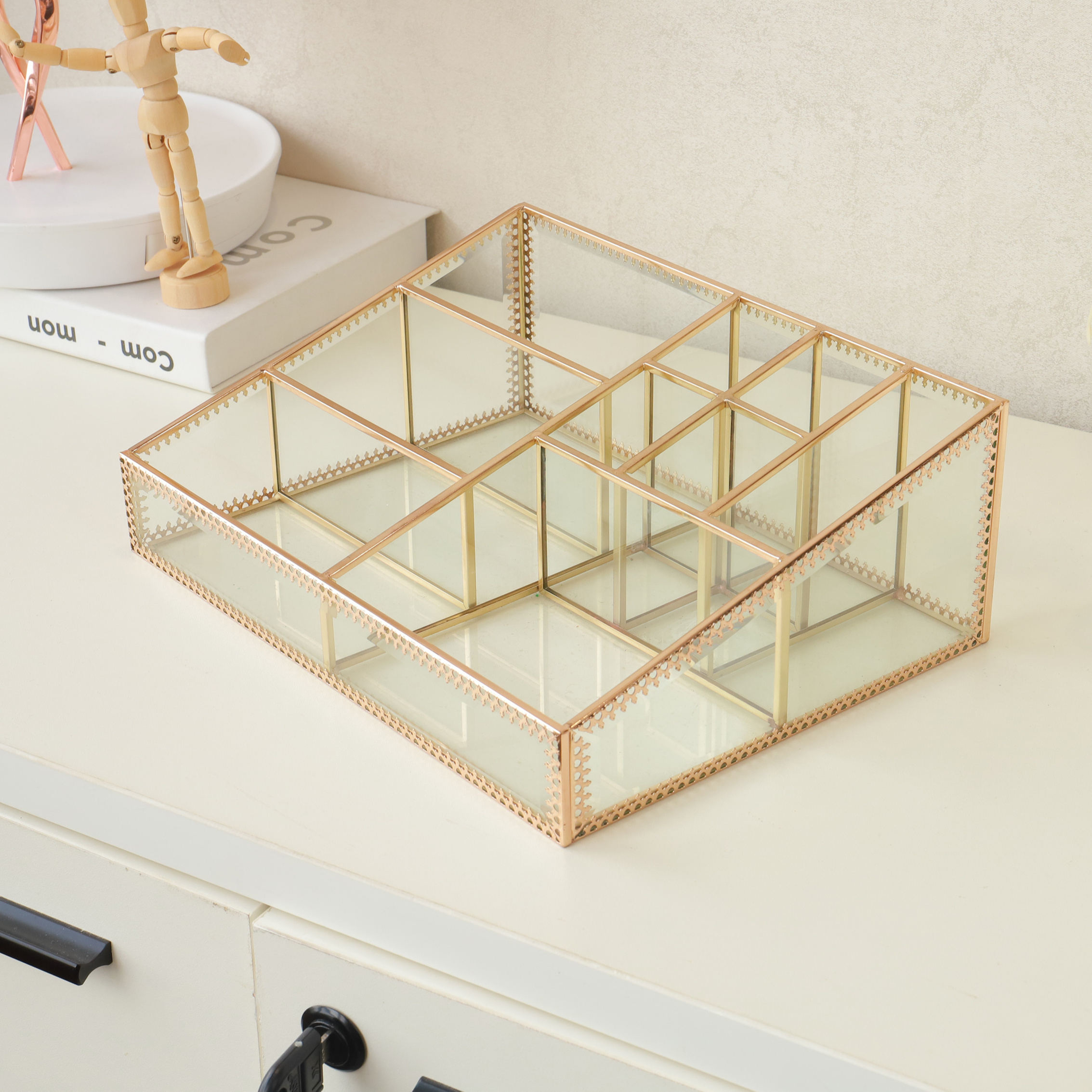 Luxury clear glass rose gold cosmetic organizer make up storage organizer box