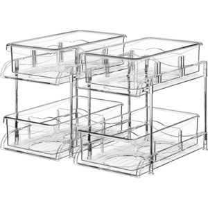 2 Tier Clear Multi-Purpose Stackable Bathroom Storage Drawers Organizer with Dividers for Countertop Under Sink Cabinet Vanity