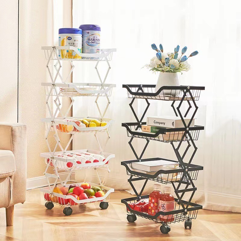 5 Tier Foldable fruit basket rack kitchen Vegetable Basket Storage Cart Pantry Baskets with Wheels