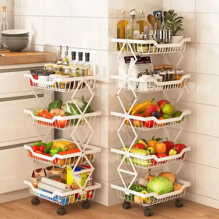 5 Tier Foldable fruit basket rack kitchen Vegetable Basket Storage Cart Pantry Baskets with Wheels