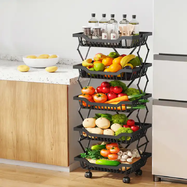 5 Tier Foldable fruit basket rack kitchen Vegetable Basket Storage Cart Pantry Baskets with Wheels