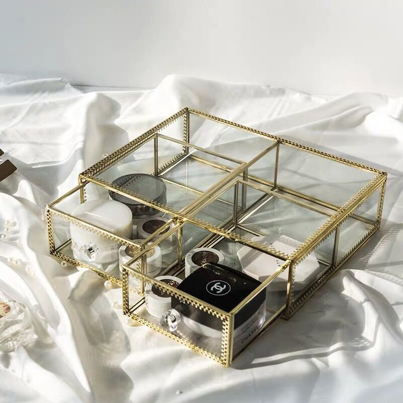 Glass Cosmetic Organizer with Drawers  Dressing Table golden glass box