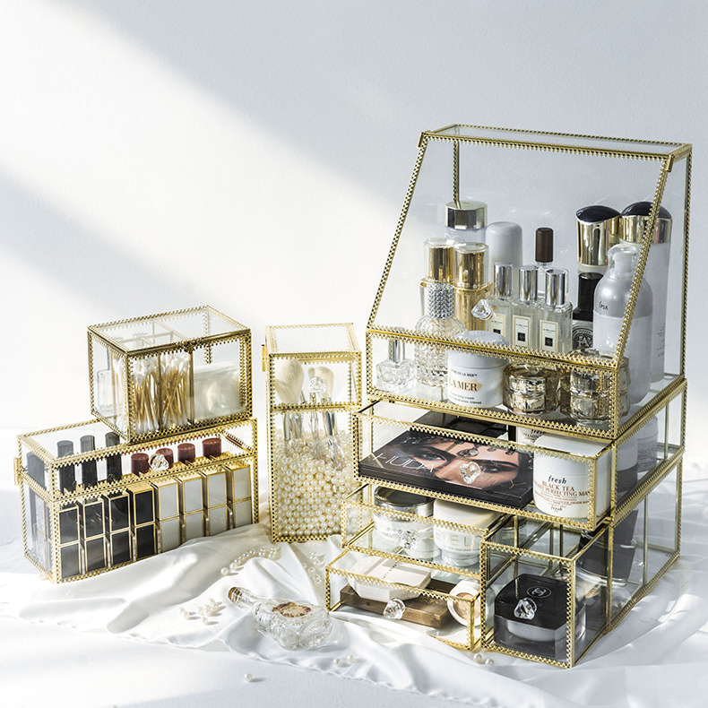 Glass Cosmetic Organizer with Drawers  Dressing Table golden glass box