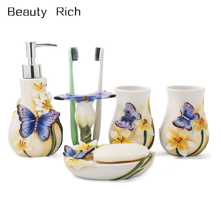 Ceramic Bathroom Accessory Set Dancing Butterfly Ceramic 5 Pieces Set,Including Toothbrush Holders,2 Gargle Tooth-Brushing Cups