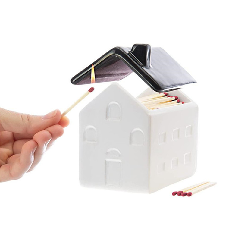 ceramic Match Striker House | Match Holder with Striker | Large 4x4 in Ceramic Match Cloche Holds Decorative Matches for Candles