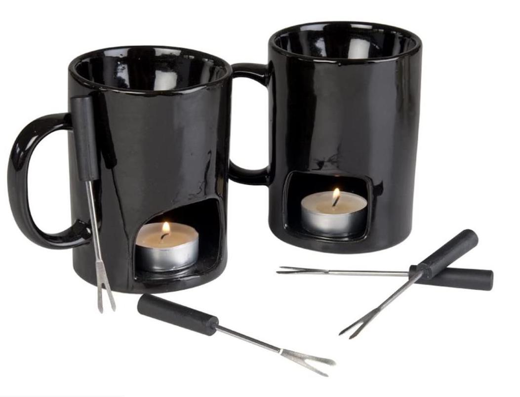 Ceramic Chocolate  Personal Fondue Mugs Chocolate/Cheese-2 Mugs-Candles/Forks-14 Piece Set