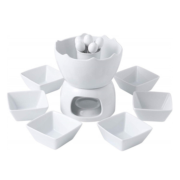 chocolate fondue ceramic Fondue Pot Set Two-layer Porcelain Tealight Chocolate Fondue with Dipping Bowls and Forks for 6, Cheese