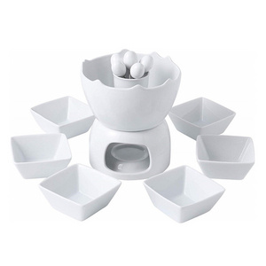 chocolate fondue ceramic Fondue Pot Set Two-layer Porcelain Tealight Chocolate Fondue with Dipping Bowls and Forks for 6, Cheese