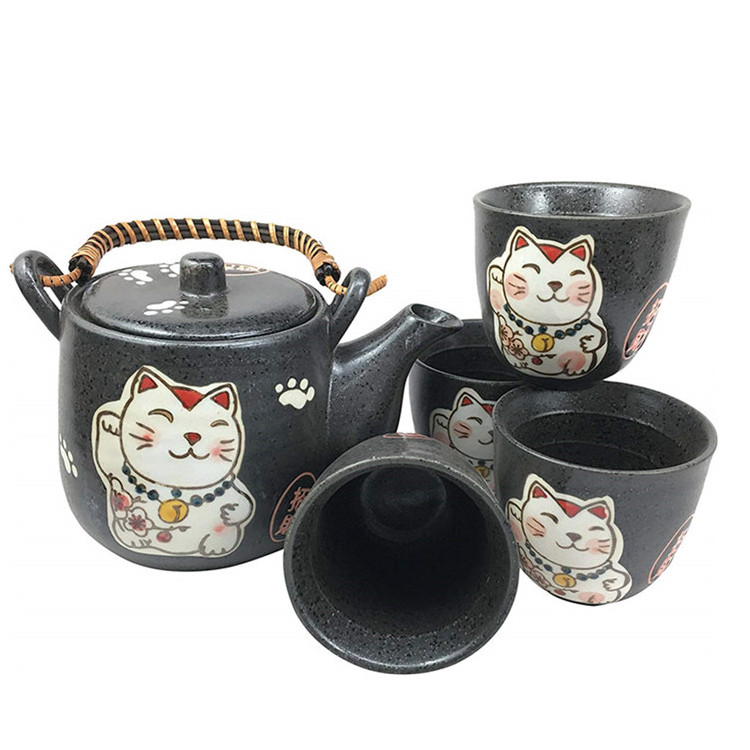 ceramic black cat Japanese Design Maneki Neko Lucky Cat Black Ceramic Tea Pot and Cups Set Serves 4 Packaged in Gift