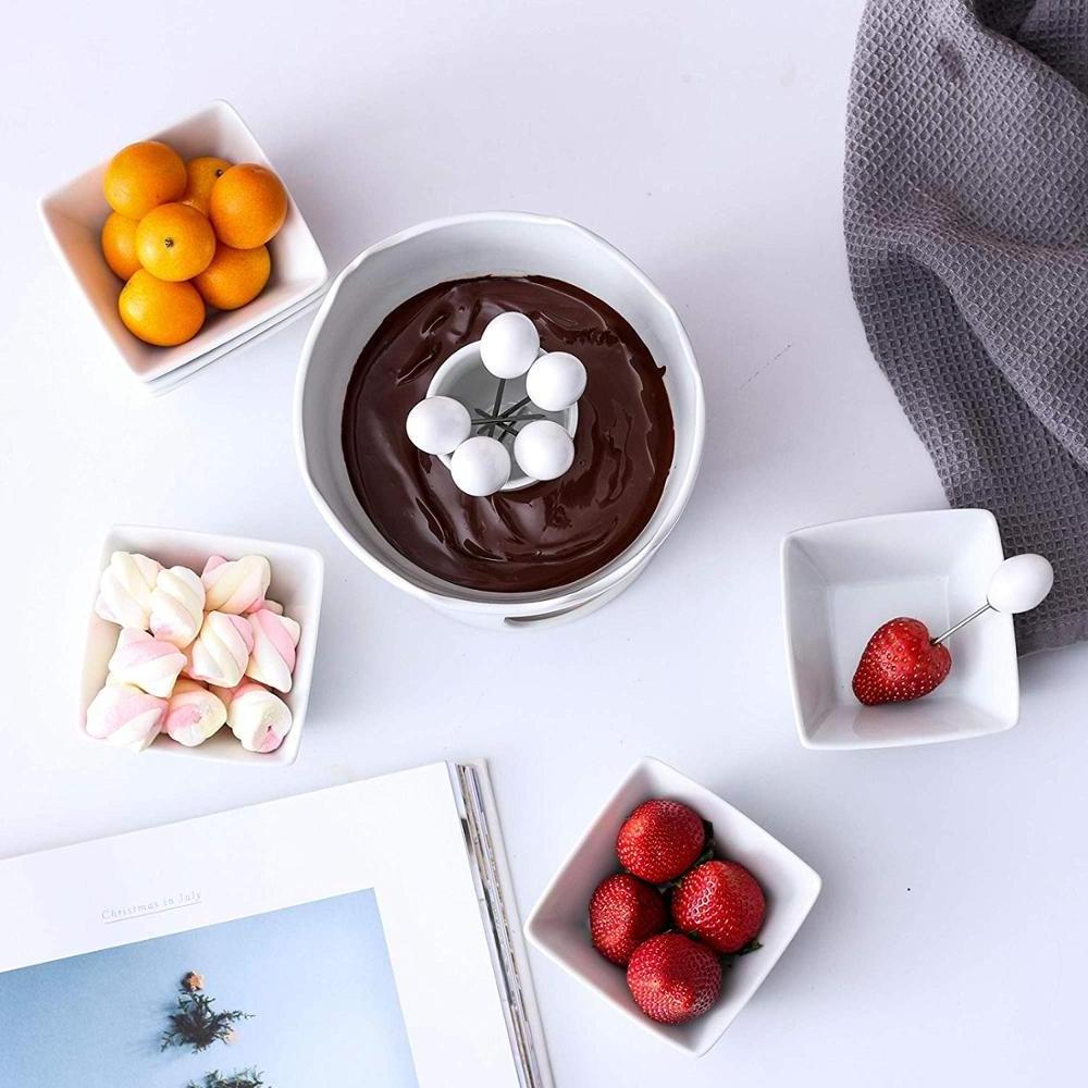 chocolate fondue ceramic Fondue Pot Set Two-layer Porcelain Tealight Chocolate Fondue with Dipping Bowls and Forks for 6, Cheese