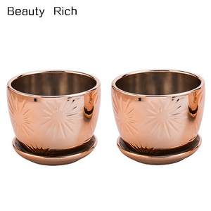 Rose Gold Starburst Design Ceramic Planter with Saucer  Pot, Set of 2