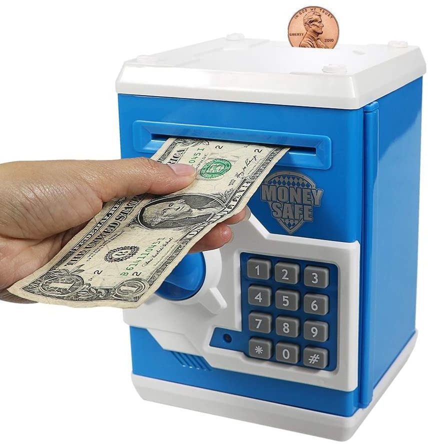 Baby Toy for Children Electronic Code Lock Piggy Banks Mini ATM Electronic Coin Bank Box for Kids Birthday Gift (Blue/White)