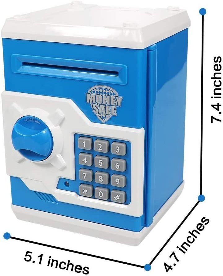 Baby Toy for Children Electronic Code Lock Piggy Banks Mini ATM Electronic Coin Bank Box for Kids Birthday Gift (Blue/White)