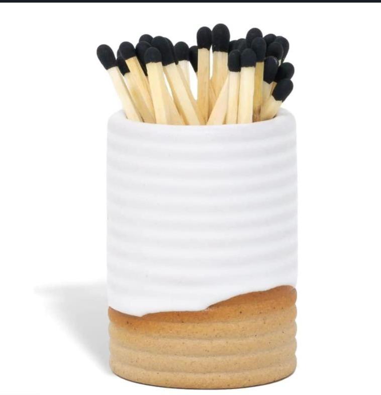 Decorative Ceramic Match Holder with Striker. for Kitchen, Fireplace & Bathroom. Cute Modern Matchstick Storage Jar for Lighting