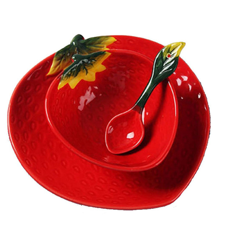 Ceramics Fruit Shape Salad Bowl Plate Spoon,Set of 3 -Apple/ Strawberry/ Carambola/ Watermelon/ Orange/ Kiwifruit