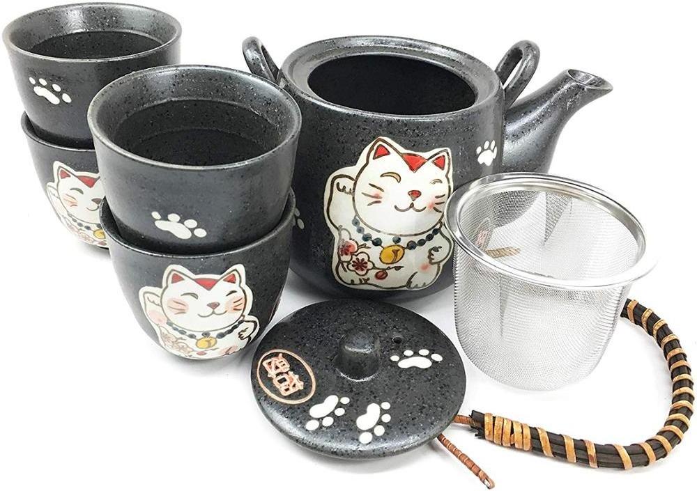 ceramic black cat Japanese Design Maneki Neko Lucky Cat Black Ceramic Tea Pot and Cups Set Serves 4 Packaged in Gift