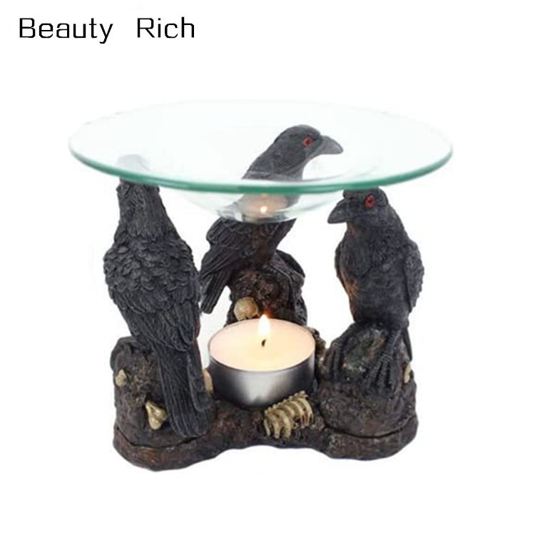 Three Gothic Dark Raven Skull Wax Tart Warmer Oil Burner Tealight Candle Holder Yankee Compatible