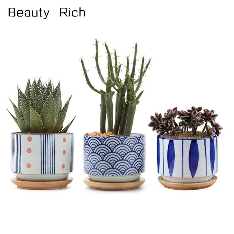 3 Inch Ceramic Succulent Planter Pots with Bamboo Tray Set of 3, Japanese Style Porcelain Handicraft as Gift for Mom Sister