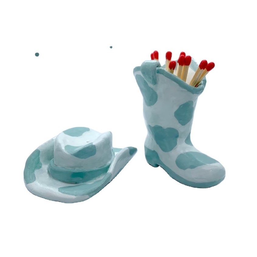 Ceramic Cowboy Boot Match Holder with Striker Cowboy Hat & Boot Incense/Match Holder