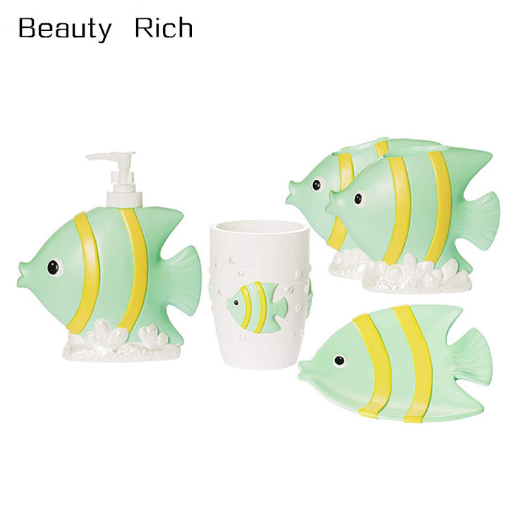 Cute Fish Bathroom Accessories Set - Complete Bath Accessory Sets Includes Soap Dispenser, Toothbrush Holder, Tumbler, Soap Dish