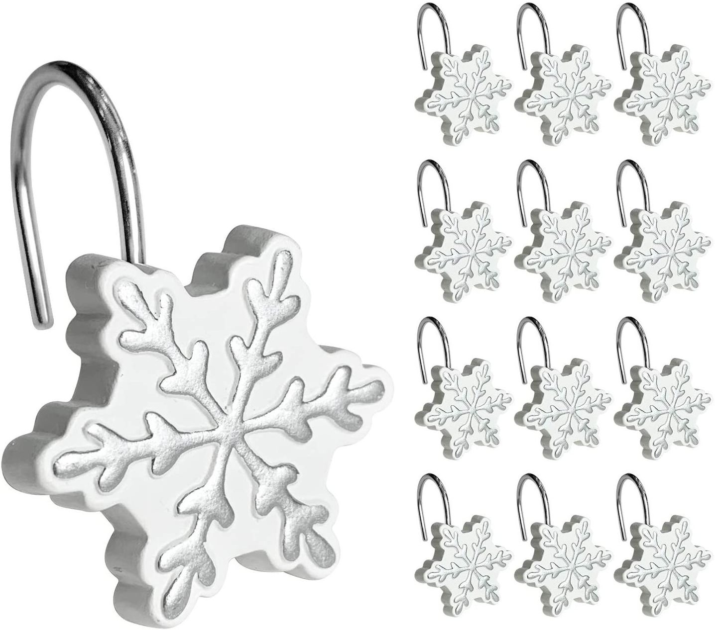 Christmas Shower Curtain Hooks Silver Snowflakes Shower Curtain Rings, Resin, White Christmas Decor