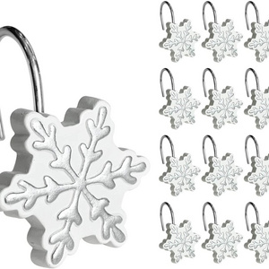 Christmas Shower Curtain Hooks Silver Snowflakes Shower Curtain Rings, Resin, White Christmas Decor