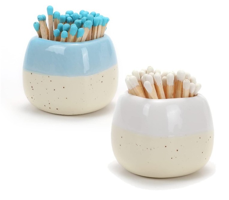 Ceramic Match Holder with Striker - Set of 2 - Matches NOT Included - Matches in a Jar - Gifts for Decorative Modern Home Decor