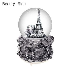 Paris Eiffel Tower Snow Globe Music Box with Automatic Snowfall and Colorful Lights, 100mm 6" Tall Souvenirs Collection Silver