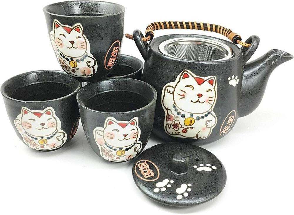 ceramic black cat Japanese Design Maneki Neko Lucky Cat Black Ceramic Tea Pot and Cups Set Serves 4 Packaged in Gift