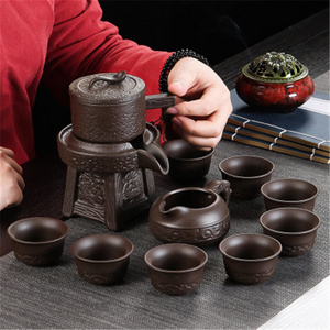 Chinese Kung Fu Tea Set,Turn around semi-automatic Kung Fu tea set purple sand ceramic household lazy stone grinding tea