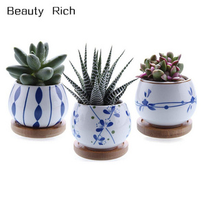 2.5 Inch Ceramic Succulent Planter Pot with Bamboo Saucer Set of 3 Cactus Plant Pot Flower Pot Container Planter Gift for Mom