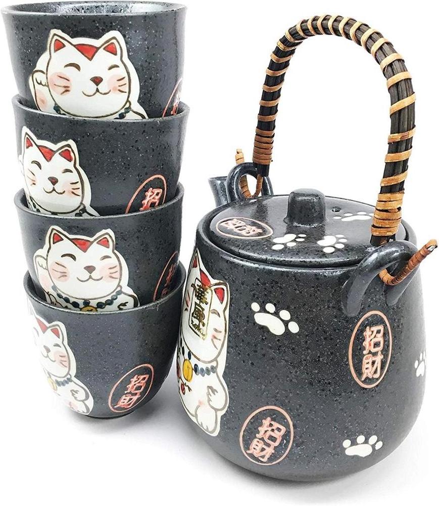 ceramic black cat Japanese Design Maneki Neko Lucky Cat Black Ceramic Tea Pot and Cups Set Serves 4 Packaged in Gift