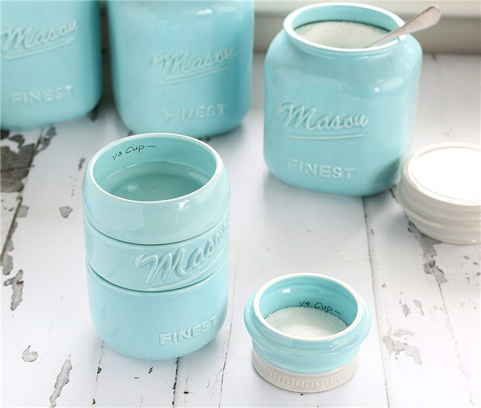 ceramic canister with spoon Sparrow Decor Mason Jar Measuring Cups Set - Set of 4 Ceramic Measuring Cups (1/4, 1/3, 1/2, 1 Cup)